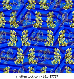 Beautiful colorful rooster. Endless pattern. Background Fantastic Beasts.