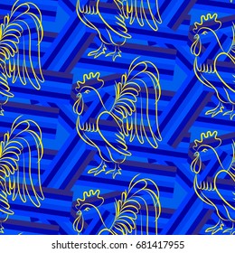 Beautiful colorful rooster. Endless pattern. Background Fantastic Beasts.