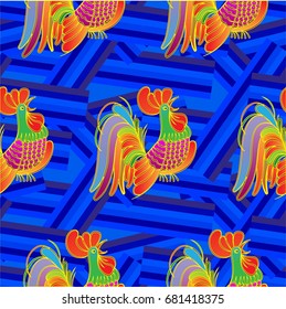 Beautiful colorful rooster. Endless pattern. Background Fantastic Beasts.