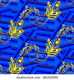 Beautiful colorful rooster. Endless pattern. Background Fantastic Beasts.