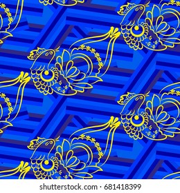 Beautiful colorful rooster. Endless pattern. Background Fantastic Beasts.