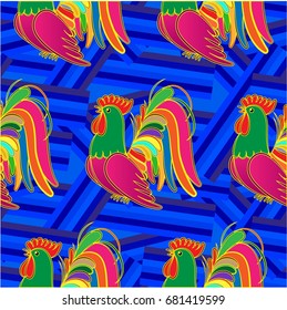 Beautiful colorful rooster. Endless pattern. Background Fantastic Beasts.