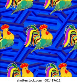 Beautiful colorful rooster. Endless pattern. Background Fantastic Beasts.