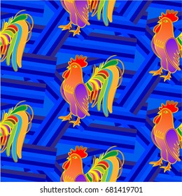 Beautiful colorful rooster. Endless pattern. Background Fantastic Beasts.