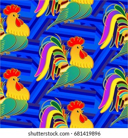 Beautiful colorful rooster. Endless pattern. Background Fantastic Beasts.