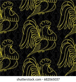 Beautiful colorful rooster. Endless pattern. Background Fantastic Beasts.