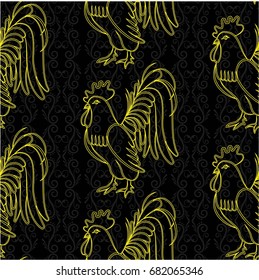Beautiful colorful rooster. Endless pattern. Background Fantastic Beasts.