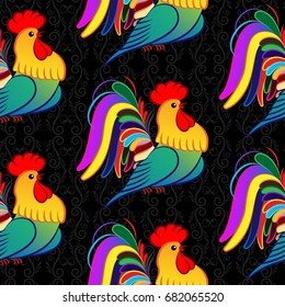 Beautiful colorful rooster. Endless pattern. Background Fantastic Beasts.