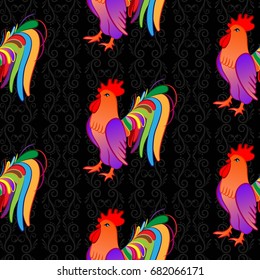 Beautiful colorful rooster. Endless pattern. Background Fantastic Beasts.
