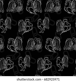 Beautiful colorful rooster. Endless pattern. Background Fantastic Beasts.