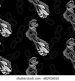 Beautiful colorful rooster. Endless pattern. Background Fantastic Beasts.