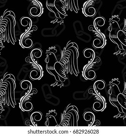 Beautiful colorful rooster. Endless pattern. Background Fantastic Beasts.