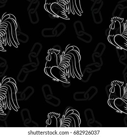 Beautiful colorful rooster. Endless pattern. Background Fantastic Beasts.