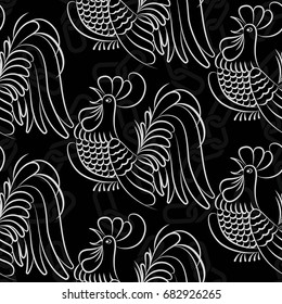 Beautiful colorful rooster. Endless pattern. Background Fantastic Beasts.
