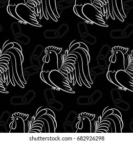 Beautiful colorful rooster. Endless pattern. Background Fantastic Beasts.