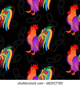Beautiful colorful rooster. Endless pattern. Background Fantastic Beasts.