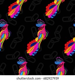 Beautiful colorful rooster. Endless pattern. Background Fantastic Beasts.