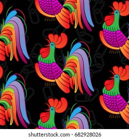 Beautiful colorful rooster. Endless pattern. Background Fantastic Beasts.