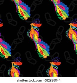 Beautiful colorful rooster. Endless pattern. Background Fantastic Beasts.
