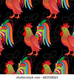 Beautiful colorful rooster. Endless pattern. Background Fantastic Beasts.