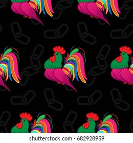 Beautiful colorful rooster. Endless pattern. Background Fantastic Beasts.