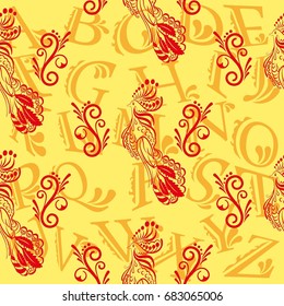 Beautiful colorful rooster. Endless pattern. Background Fantastic Beasts.