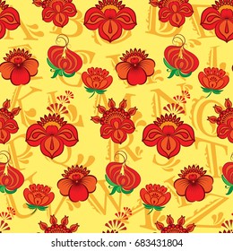 Beautiful colorful rooster. Endless pattern. Background Fantastic Beasts.