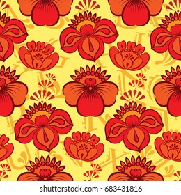 Beautiful colorful rooster. Endless pattern. Background Fantastic Beasts.