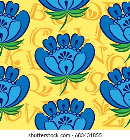 Beautiful colorful rooster. Endless pattern. Background Fantastic Beasts.