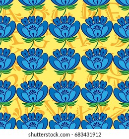 Beautiful colorful rooster. Endless pattern. Background Fantastic Beasts.