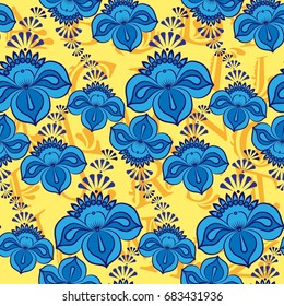 Beautiful colorful rooster. Endless pattern. Background Fantastic Beasts.