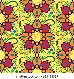 Beautiful colorful rooster. Endless pattern. Background Fantastic Beasts.