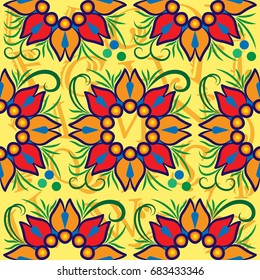 Beautiful colorful rooster. Endless pattern. Background Fantastic Beasts.