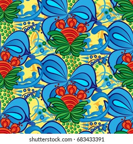 Beautiful colorful rooster. Endless pattern. Background Fantastic Beasts.