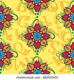 Beautiful colorful rooster. Endless pattern. Background Fantastic Beasts.