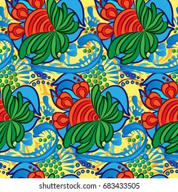 Beautiful colorful rooster. Endless pattern. Background Fantastic Beasts.