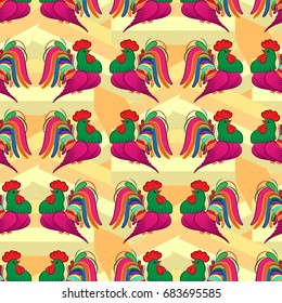 Beautiful colorful rooster. Endless pattern. Background Fantastic Beasts.