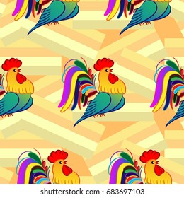 Beautiful colorful rooster. Endless pattern. Background Fantastic Beasts.