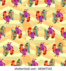 Beautiful colorful rooster. Endless pattern. Background Fantastic Beasts.
