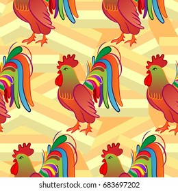 Beautiful colorful rooster. Endless pattern. Background Fantastic Beasts.