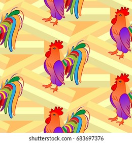 Beautiful colorful rooster. Endless pattern. Background Fantastic Beasts.