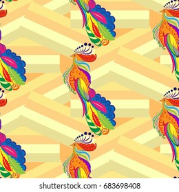 Beautiful colorful rooster. Endless pattern. Background Fantastic Beasts.