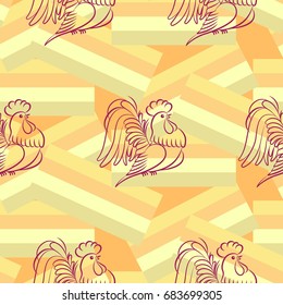 Beautiful colorful rooster. Endless pattern. Background Fantastic Beasts.