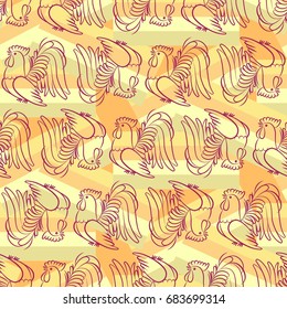 Beautiful colorful rooster. Endless pattern. Background Fantastic Beasts.