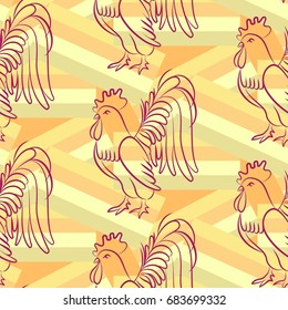 Beautiful colorful rooster. Endless pattern. Background Fantastic Beasts.