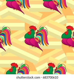 Beautiful colorful rooster. Endless pattern. Background Fantastic Beasts.