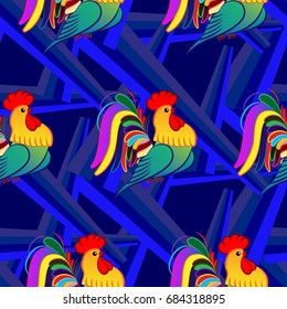 Beautiful colorful rooster. Endless pattern. Background Fantastic Beasts.