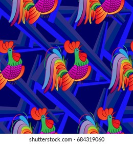 Beautiful colorful rooster. Endless pattern. Background Fantastic Beasts.