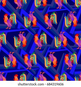 Beautiful colorful rooster. Endless pattern. Background Fantastic Beasts.