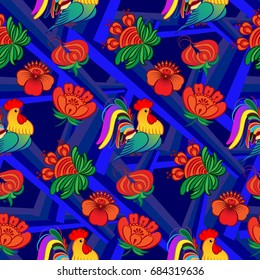 Beautiful colorful rooster. Endless pattern. Background Fantastic Beasts.